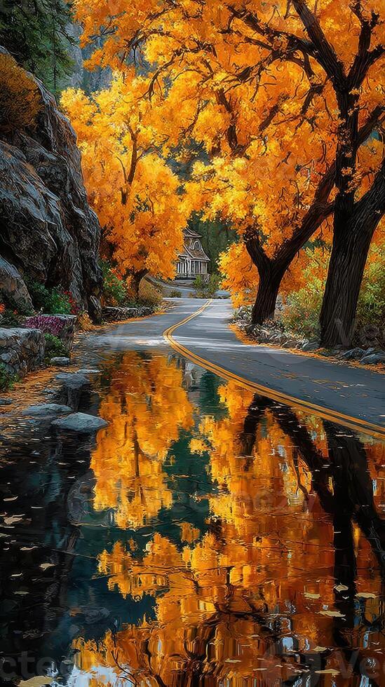 Vibrant autumn colors reflect on a serene roadside near a charming structure in a tranquil landscape photo