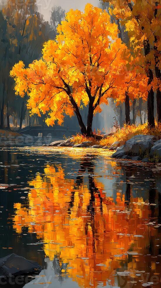 Vibrant autumn tree reflects in tranquil river water in a serene natural setting during golden hour photo