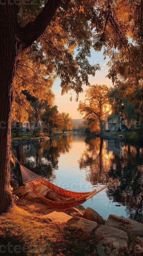 Relaxation by the lake at sunset with a hammock and autumn foliage in serene surroundings photo