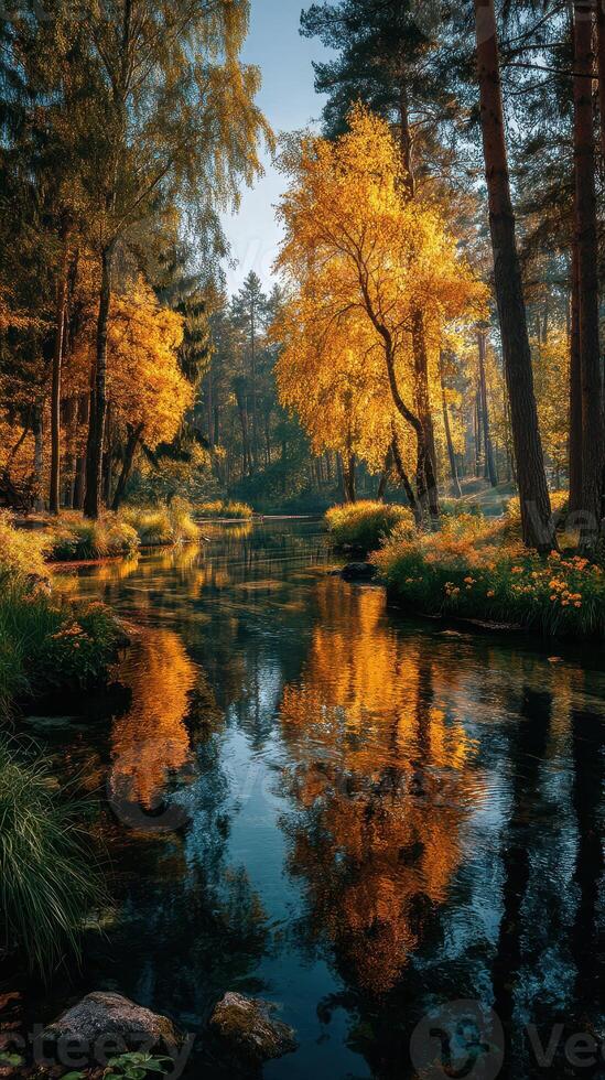 Picturesque autumn landscape with golden trees reflecting in a tranquil stream at sunrise photo
