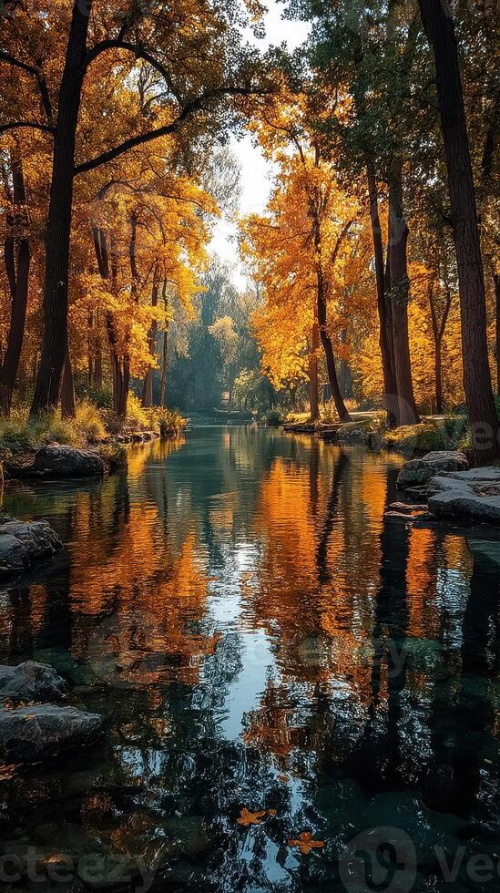 Autumn reflections on a tranquil river in a scenic forest setting during golden hour photo