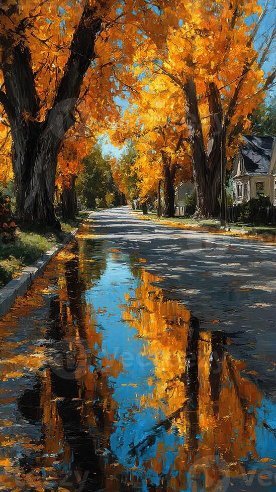 Vibrant autumn street with golden leaves and mirrored reflections in a tranquil neighborhood setting photo
