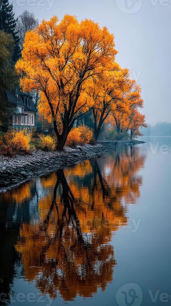 Vibrant autumn trees reflect in calm water near a peaceful house in a serene landscape at dusk photo
