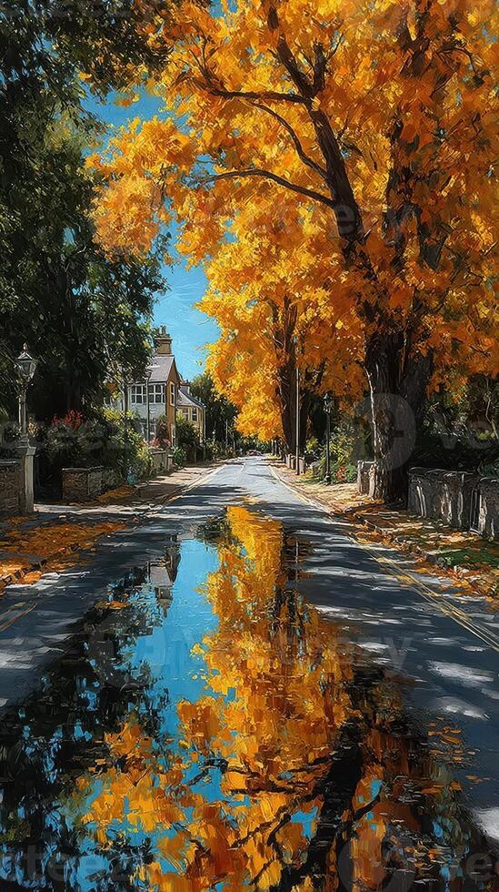 Stunning autumn road with vibrant orange trees reflecting on rain puddles in a serene neighborhood setting photo