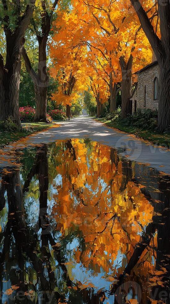 Autumn foliage reflects on a quiet road beside a historic building in a serene landscape photo