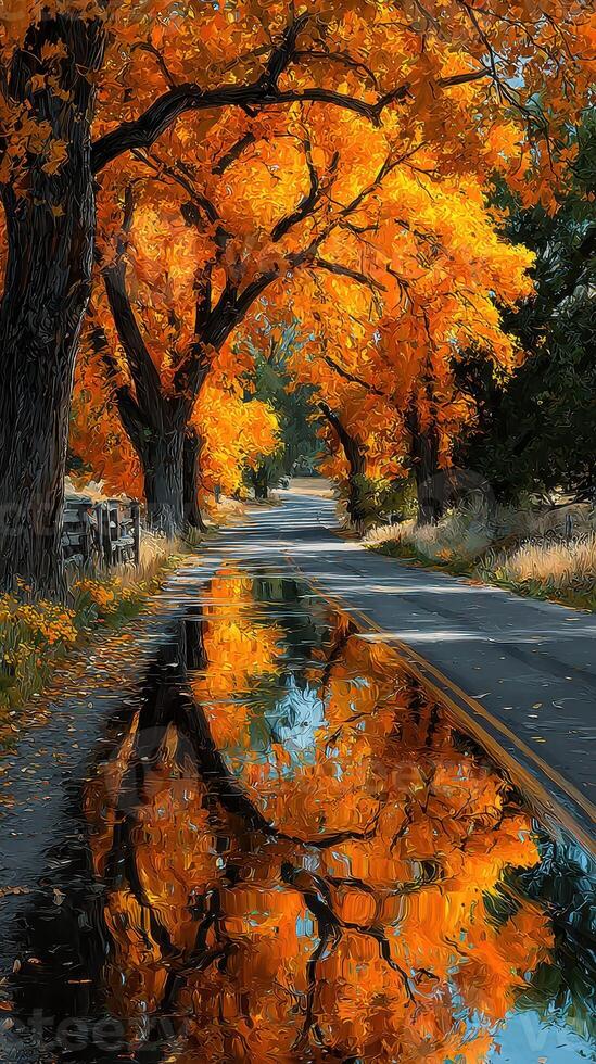 Autumn trees line a calm road reflecting vibrant colors of fall foliage in serene landscape setting photo