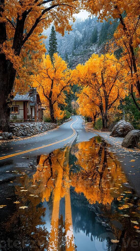Beautiful autumn drive along a tree-lined road with reflections in puddles after rain photo