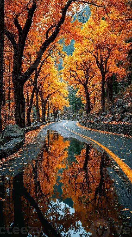 Autumn road surrounded by vibrant orange trees reflecting in water puddles photo