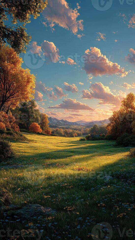 Vibrant autumn landscape with golden leaves and a sunset over rolling hills in a serene countryside photo