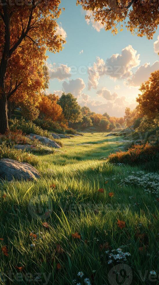 Golden autumn light fills a serene meadow with colorful trees and fluffy clouds in the late afternoon photo