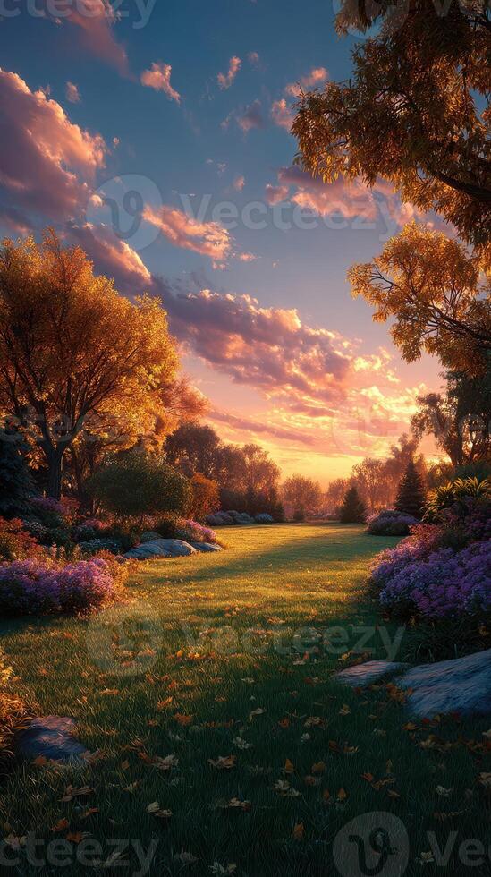 Golden sunset illuminates a tranquil park filled with colorful autumn foliage and blooming flowers in the early evening photo