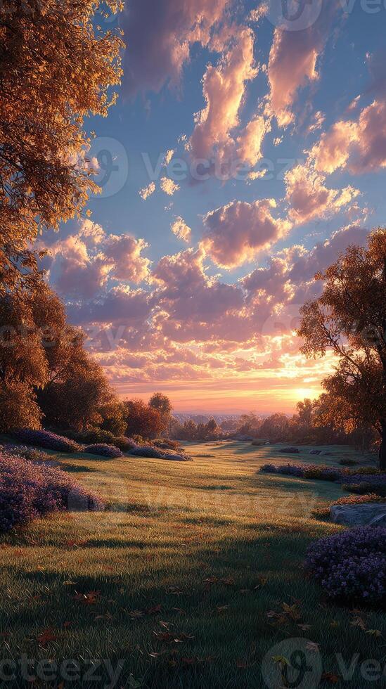 Sunset over a serene valley with colorful skies and lush greenery in early autumn photo