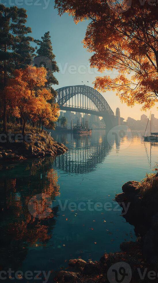 Beautiful autumn view of a bridge reflecting in the calm waters at sunrise near a city waterfront photo