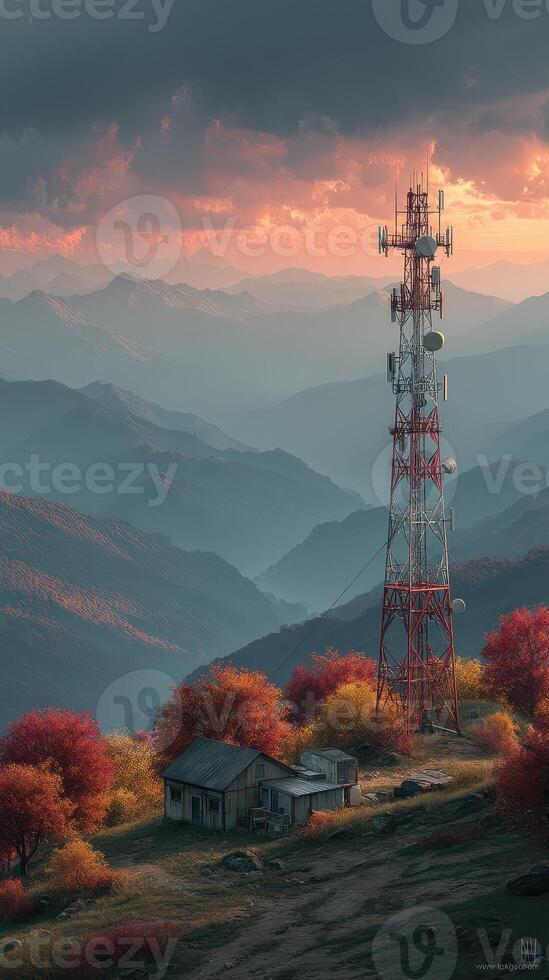 Mountain landscape with a telecommunications tower surrounded by autumn foliage at sunset photo