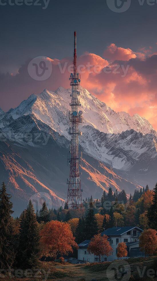 Mountain landscape featuring a communication tower surrounded by autumn foliage at sunset photo