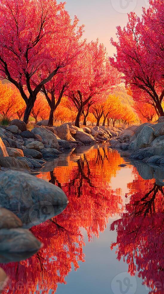 Vivid autumn landscape with cherry trees reflecting on serene water at sunset photo