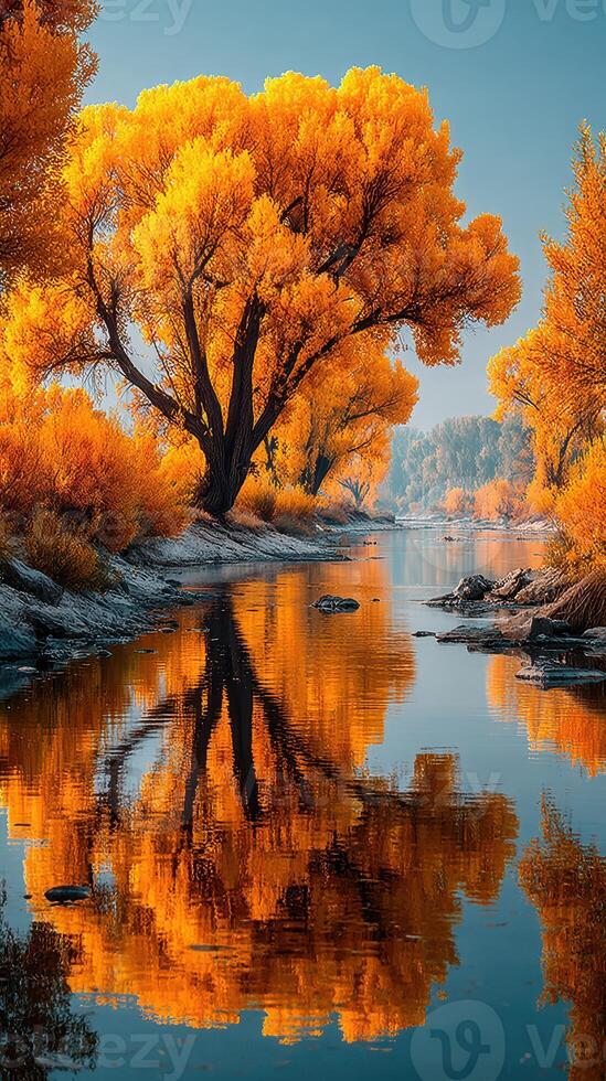 Vibrant autumn trees reflect in calm waters at a serene riverside location photo