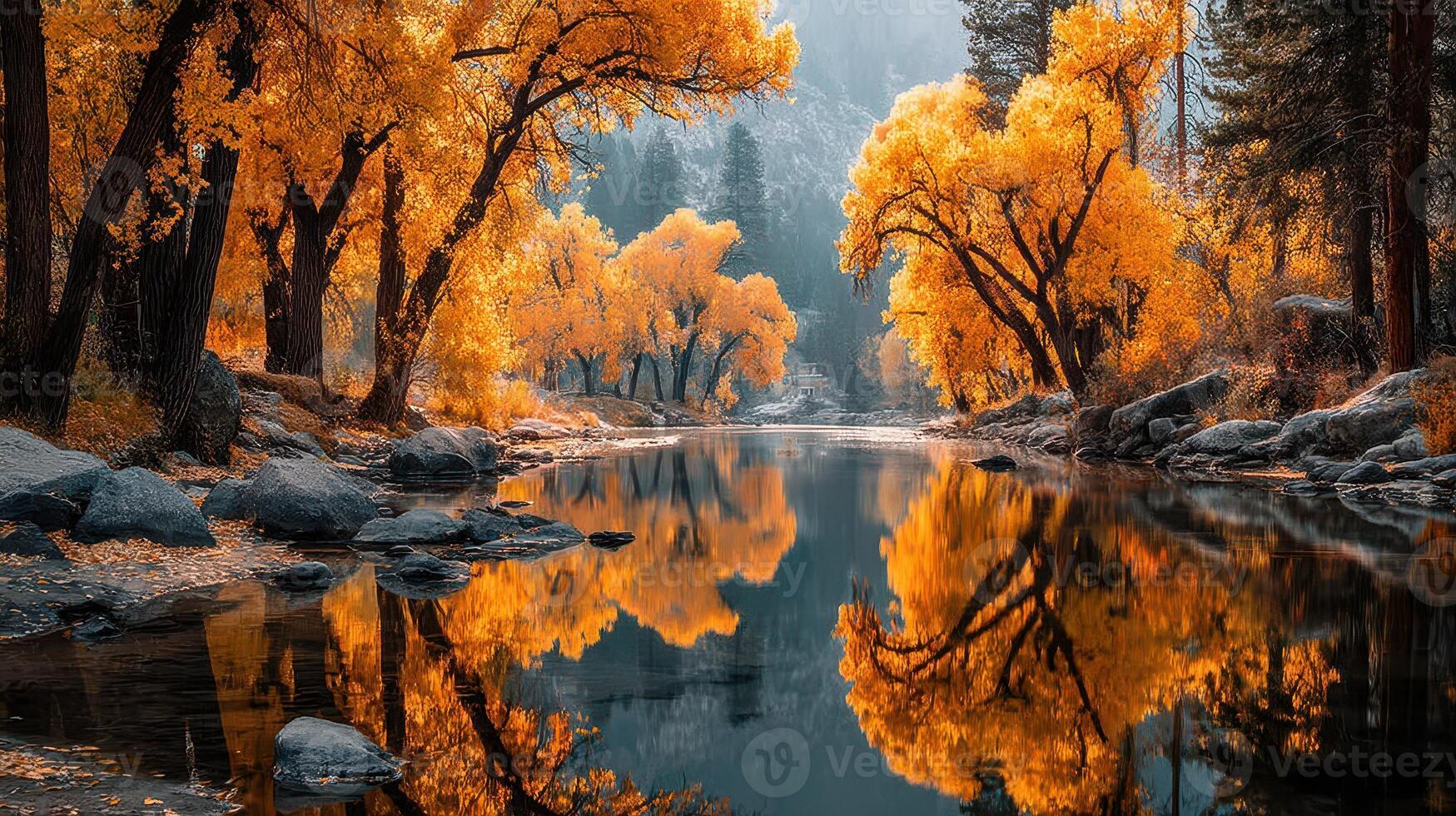 Vibrant autumn trees reflect in a calm river under soft morning light in a serene natural landscape photo
