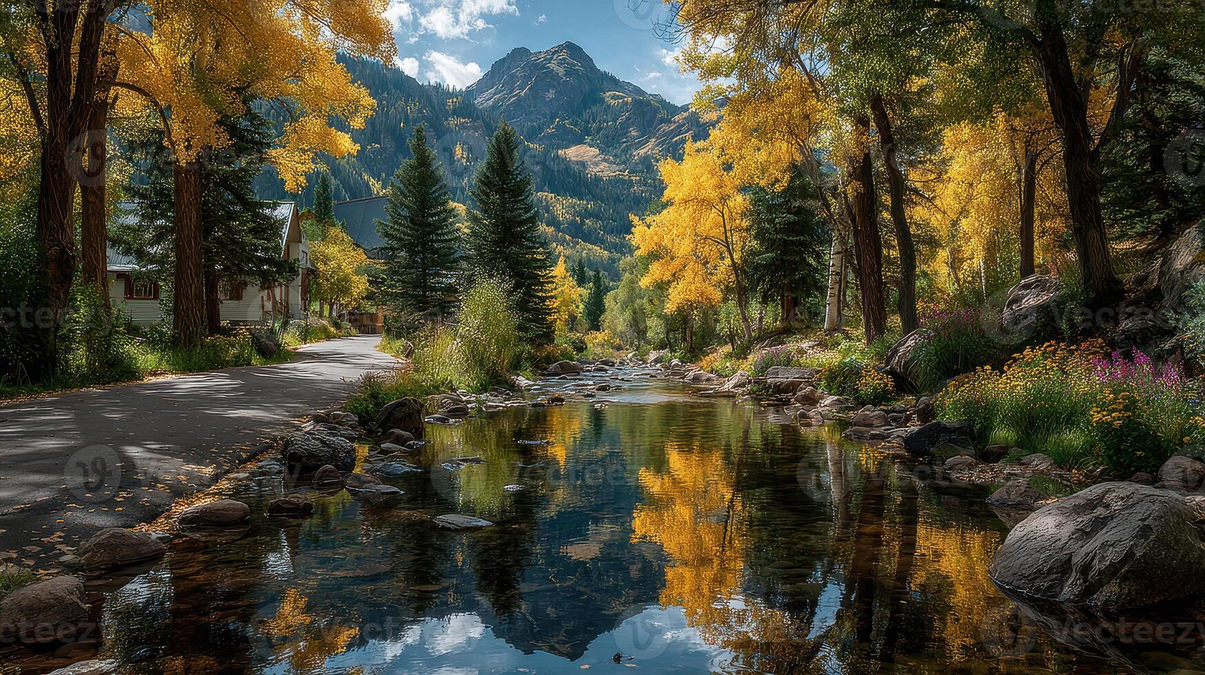 Scenic autumn view of a peaceful river reflecting vibrant fall colors in a mountainous landscape photo