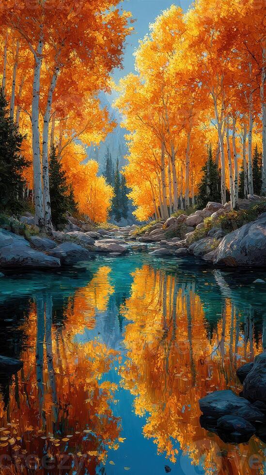 Vibrant autumn landscape showcasing golden trees beside a serene river in a tranquil setting photo