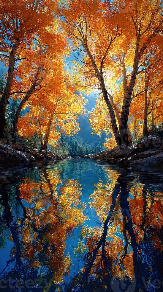 Autumn reflections in a serene river surrounded by vibrant orange trees photo