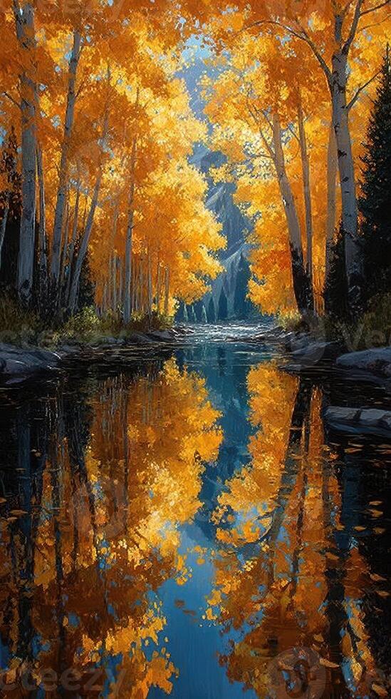 Vibrant autumn colors reflect in a serene river surrounded by golden trees in a forested landscape photo