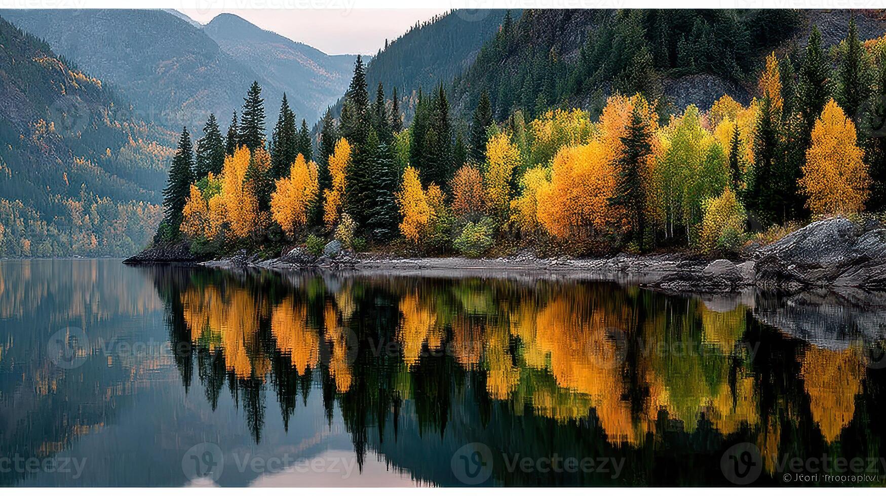 Colorful autumn trees reflect in a serene lake surrounded by mountains during early morning light photo
