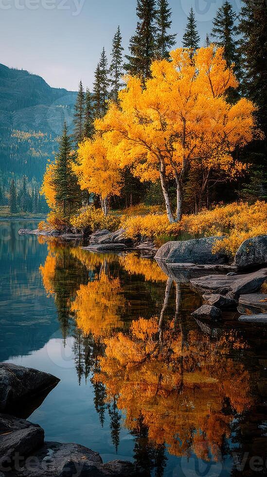 Autumn trees reflect on a calm lake at sunrise in a serene natural landscape photo