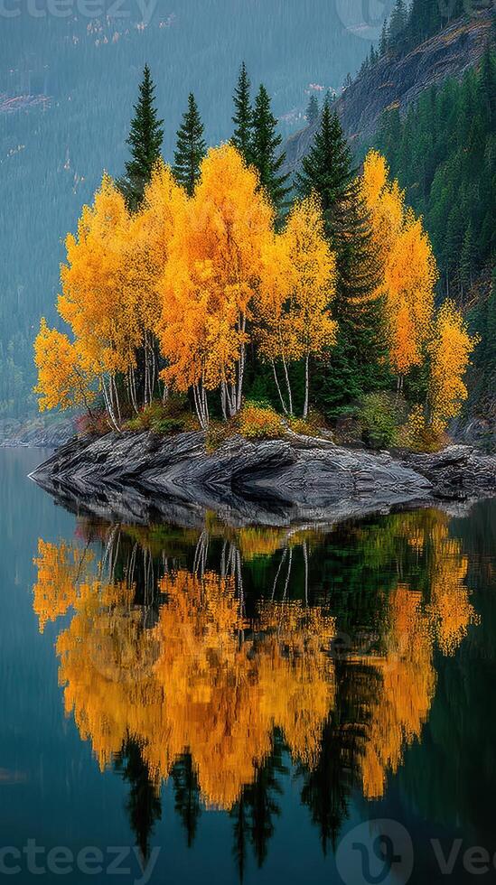 Vibrant autumn colors reflect on calm lake surface from small island surrounded by evergreen trees photo