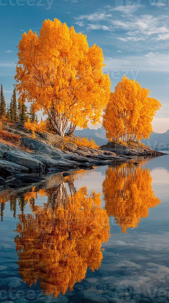 Golden autumn trees reflecting on calm lake water in a serene landscape under a clear sky photo