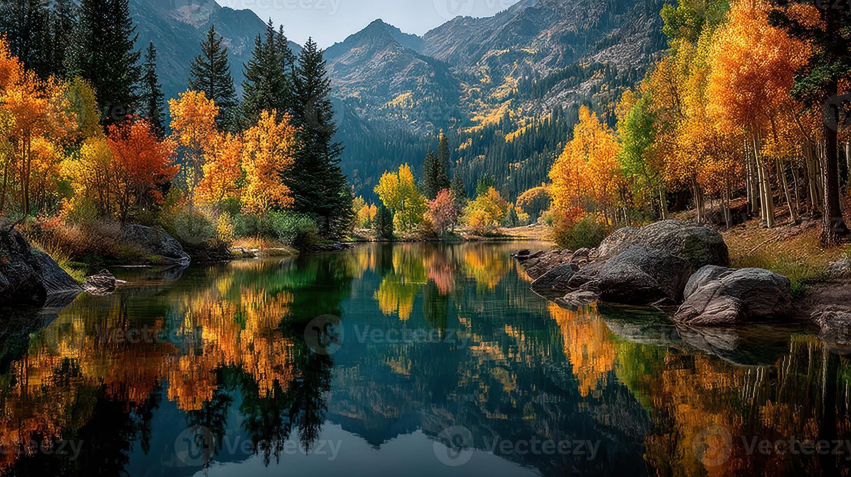 Autumn colors reflect in tranquil lake surrounded by mountains and trees in a serene natural landscape photo