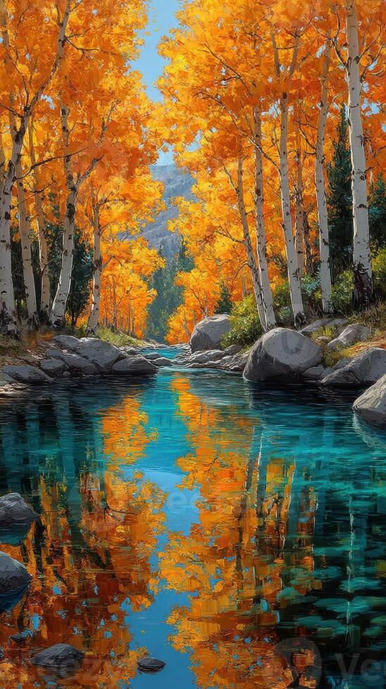 Golden autumn trees line a serene river in a tranquil natural setting during the fall season photo