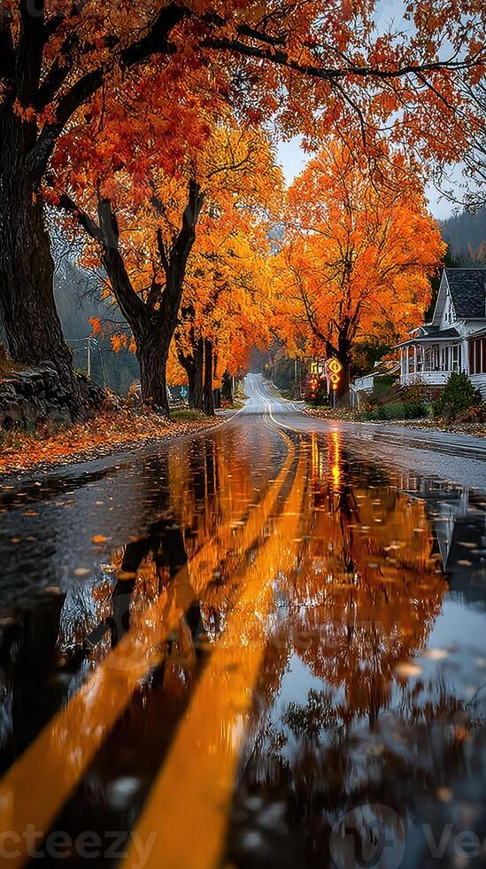 Vibrant autumn trees reflect in puddles along a winding country road in the heart of fall photo