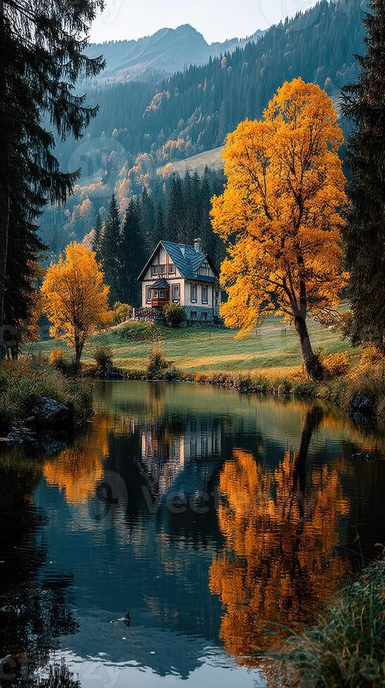 Autumn scenery with a cozy house and vibrant trees reflecting in calm water near mountains photo