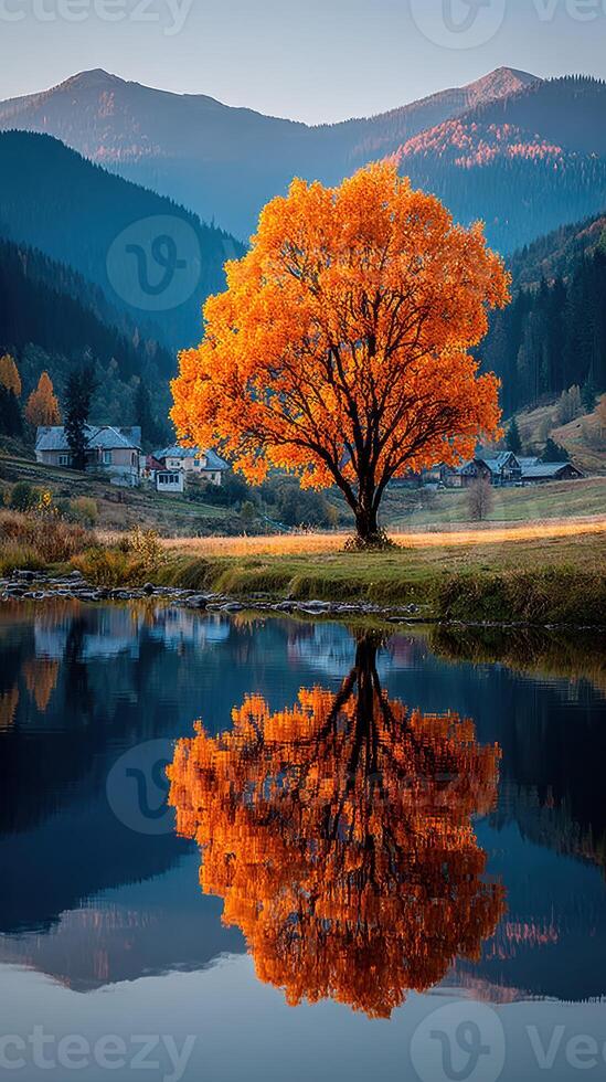 Colorful autumn tree reflects in still water with mountains in the background near a quaint village at dusk photo
