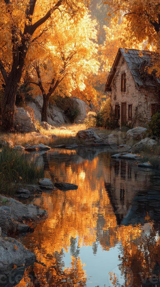 Charming house among autumn trees reflecting in serene water at sunset in a tranquil natural setting photo