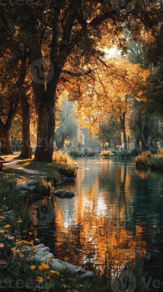 Tranquil autumn afternoon by the riverside with golden leaves reflecting on the water photo