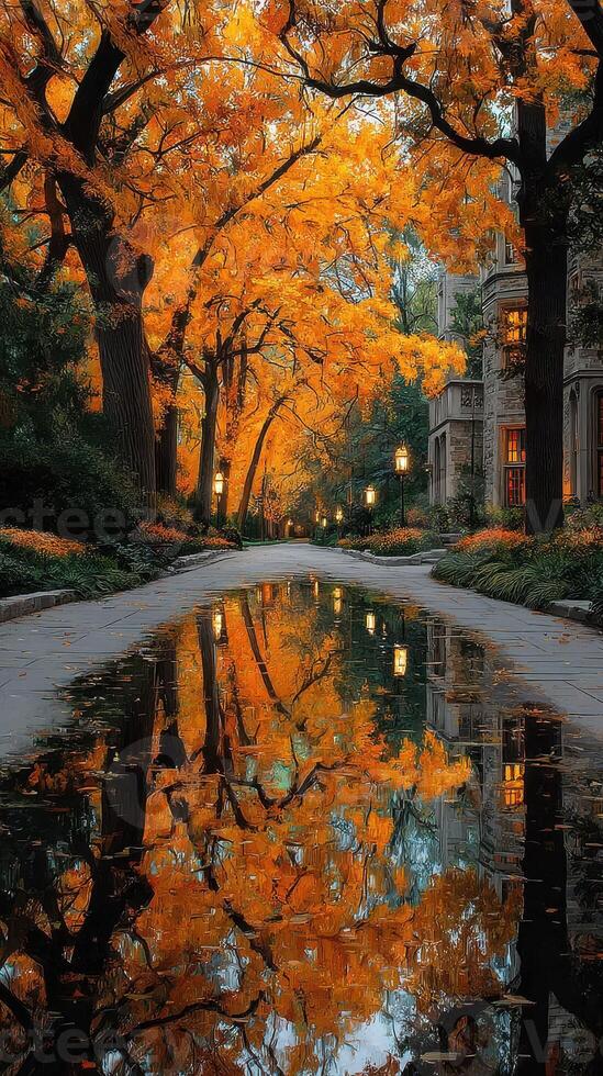 Colorful autumn trees reflect in still water along a tranquil path in a serene park during golden hour photo