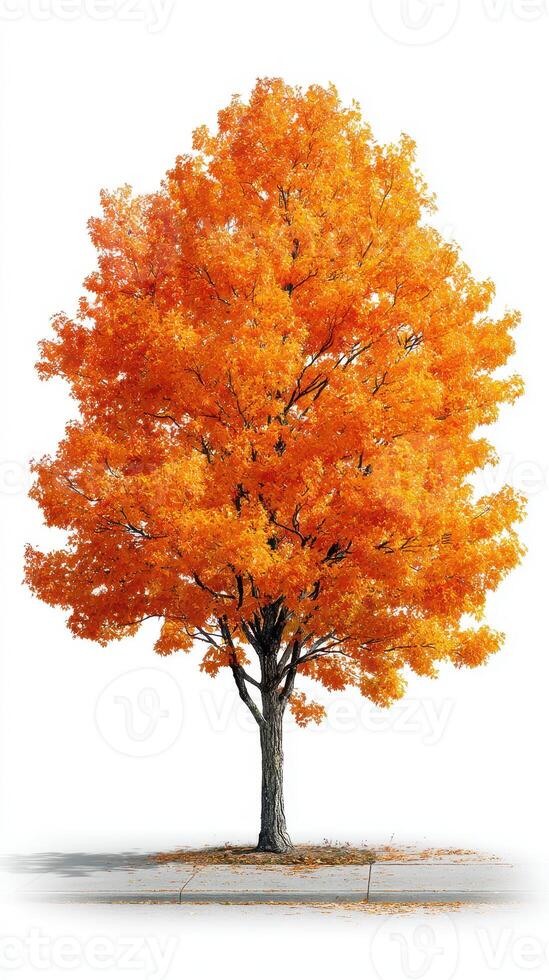 Vibrant autumn tree with striking orange foliage standing alone on a sidewalk in the early afternoon light photo