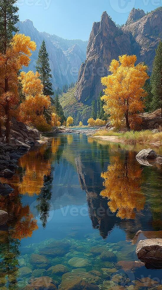 Majestic autumn landscape with colorful trees reflecting in a tranquil river surrounded by mountains in clear daylight photo