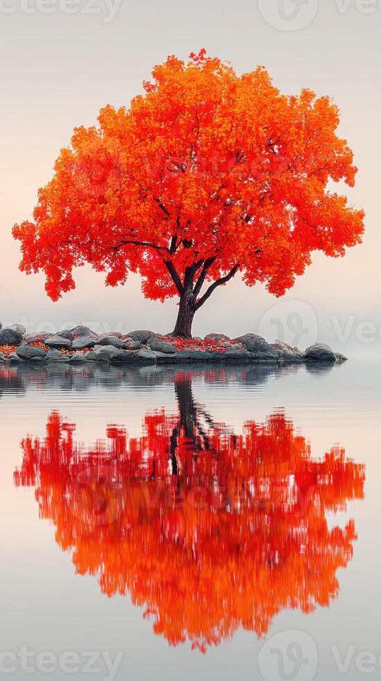 Vibrant orange tree reflecting on calm water during autumn at serene lakeside location photo