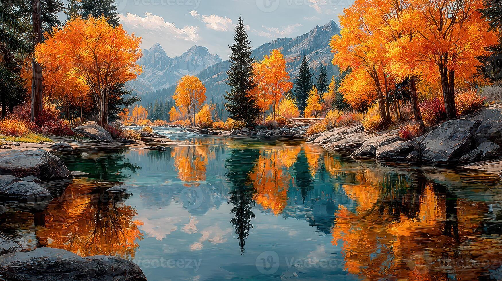Vibrant autumn landscape with colorful trees reflecting on a calm river in the mountains photo