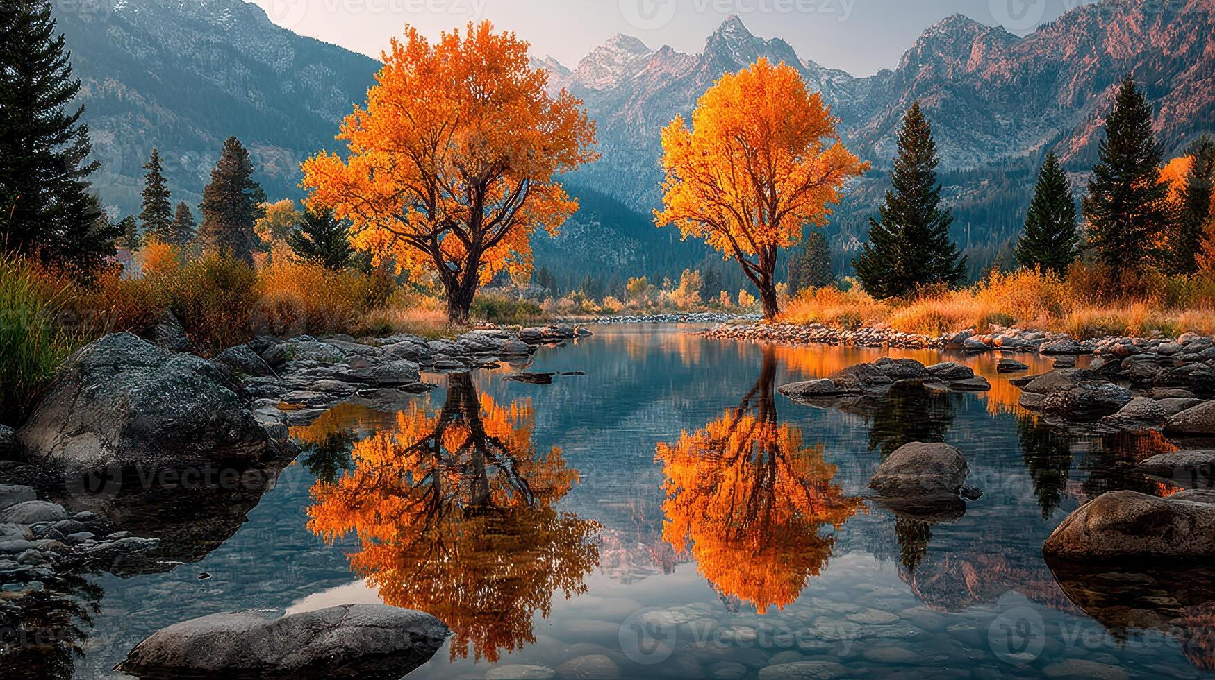 Vibrant autumn reflections in a serene mountain river surrounded by golden foliage and majestic peaks photo