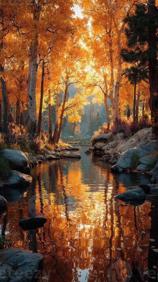Golden reflections of autumn leaves along a serene stream in a tranquil forest setting photo