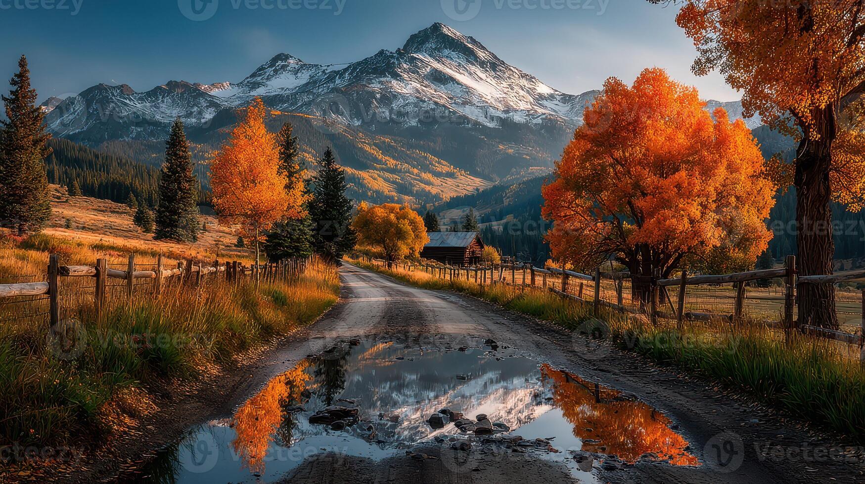 Colors of autumn reflect in puddles along a dirt road leading to a mountain landscape at sunset photo