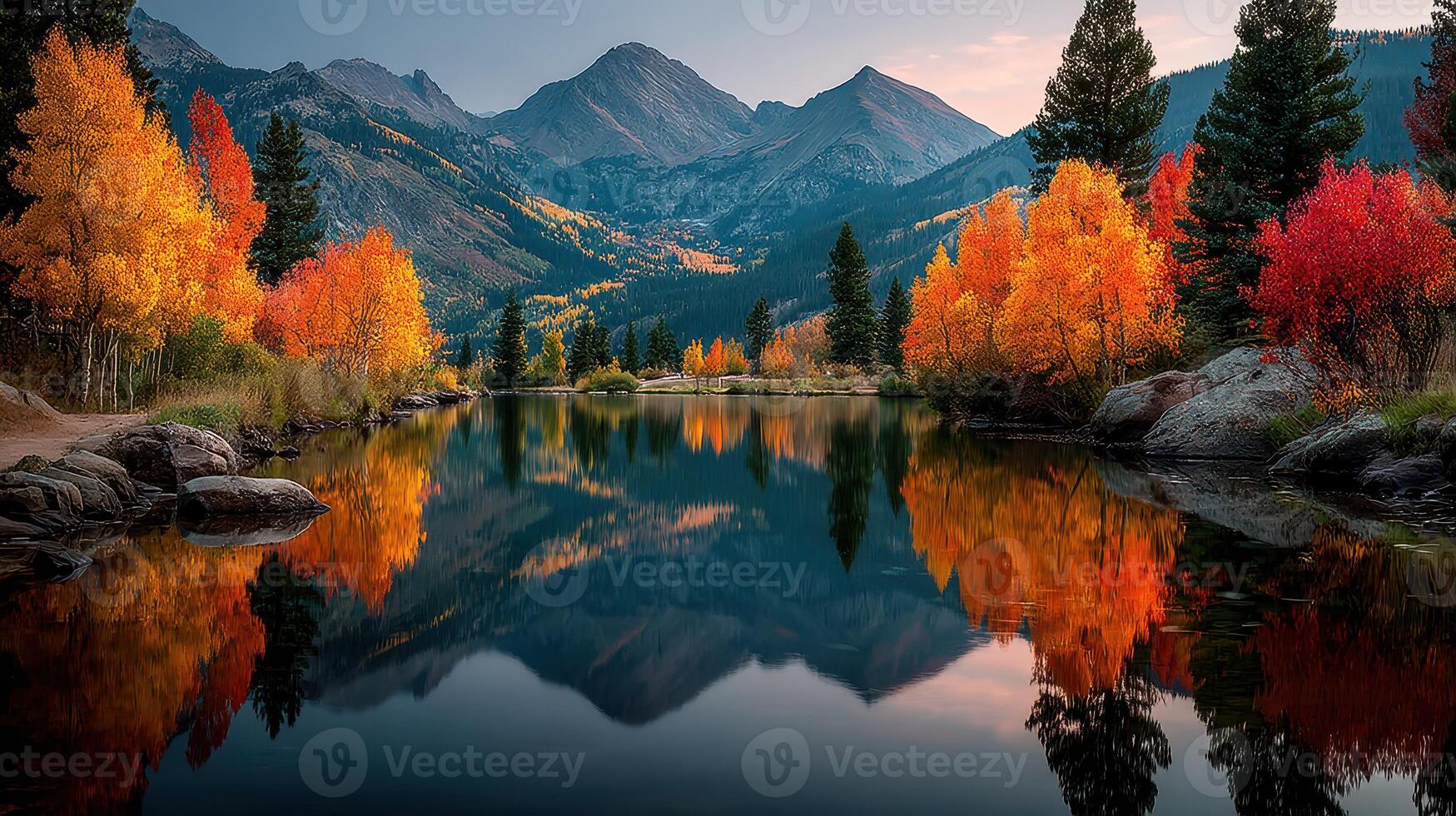 Vibrant autumn foliage reflecting on a tranquil lake surrounded by majestic mountains at dusk photo