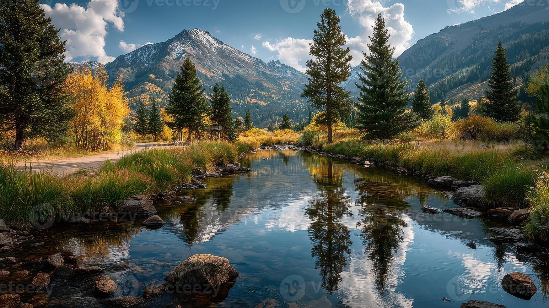 Scenic mountain landscape with clear stream and vibrant autumn foliage under a sunny sky photo