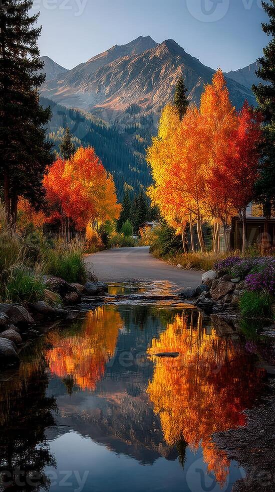 Autumn colors reflect on a tranquil stream near mountains at sunset with vibrant trees and serene nature scenery photo