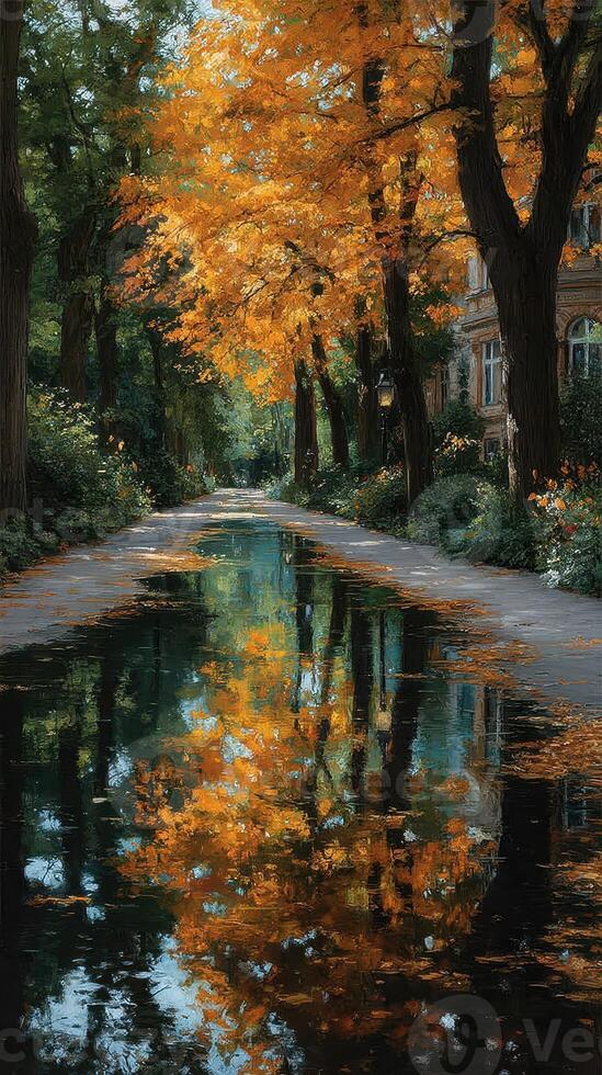Golden autumn leaves reflect in a serene pond along a tree-lined path in the heart of the city during a quiet afternoon photo