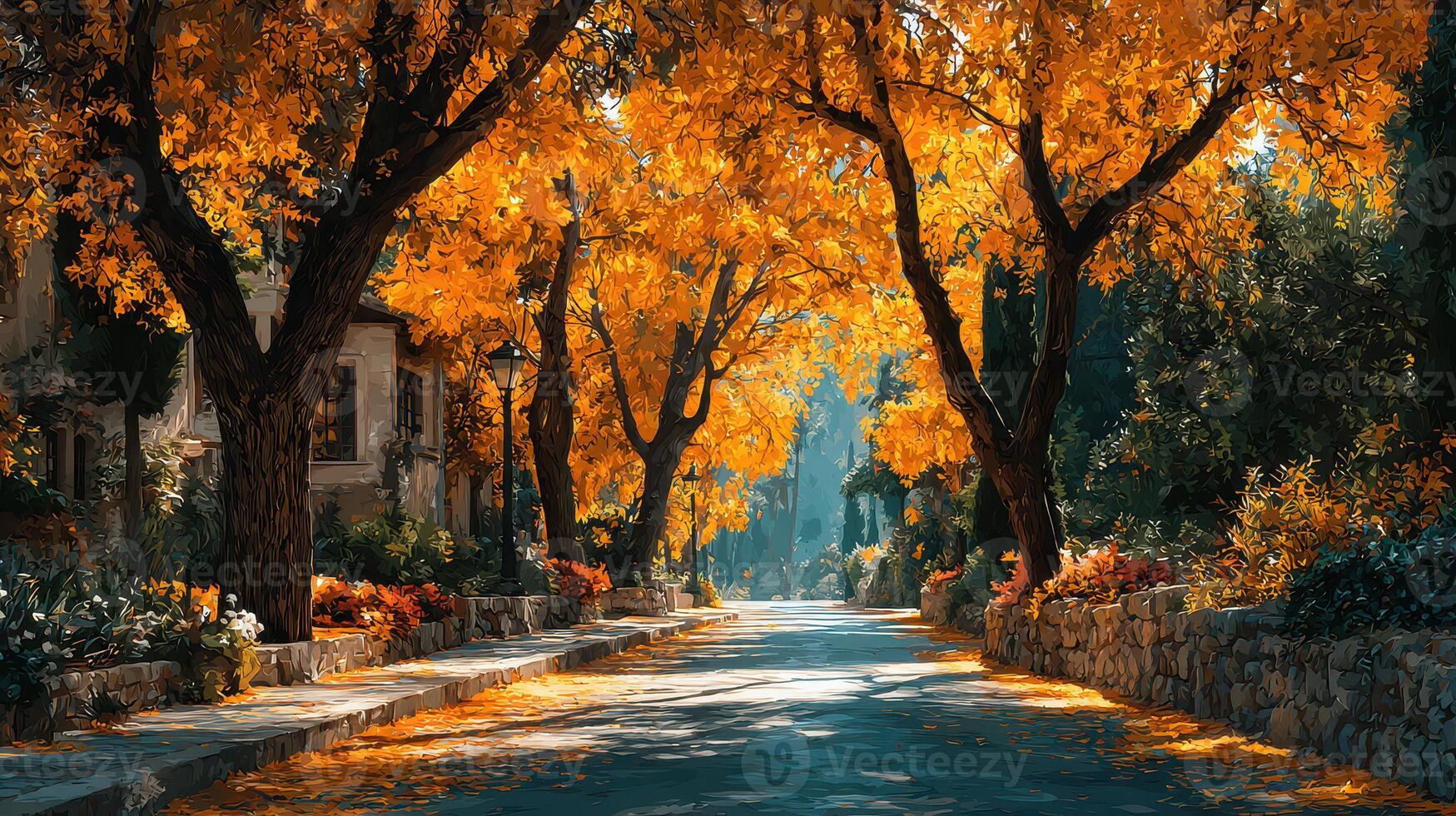 Autumn stroll along a tree-lined path with vibrant golden foliage in a serene neighborhood photo